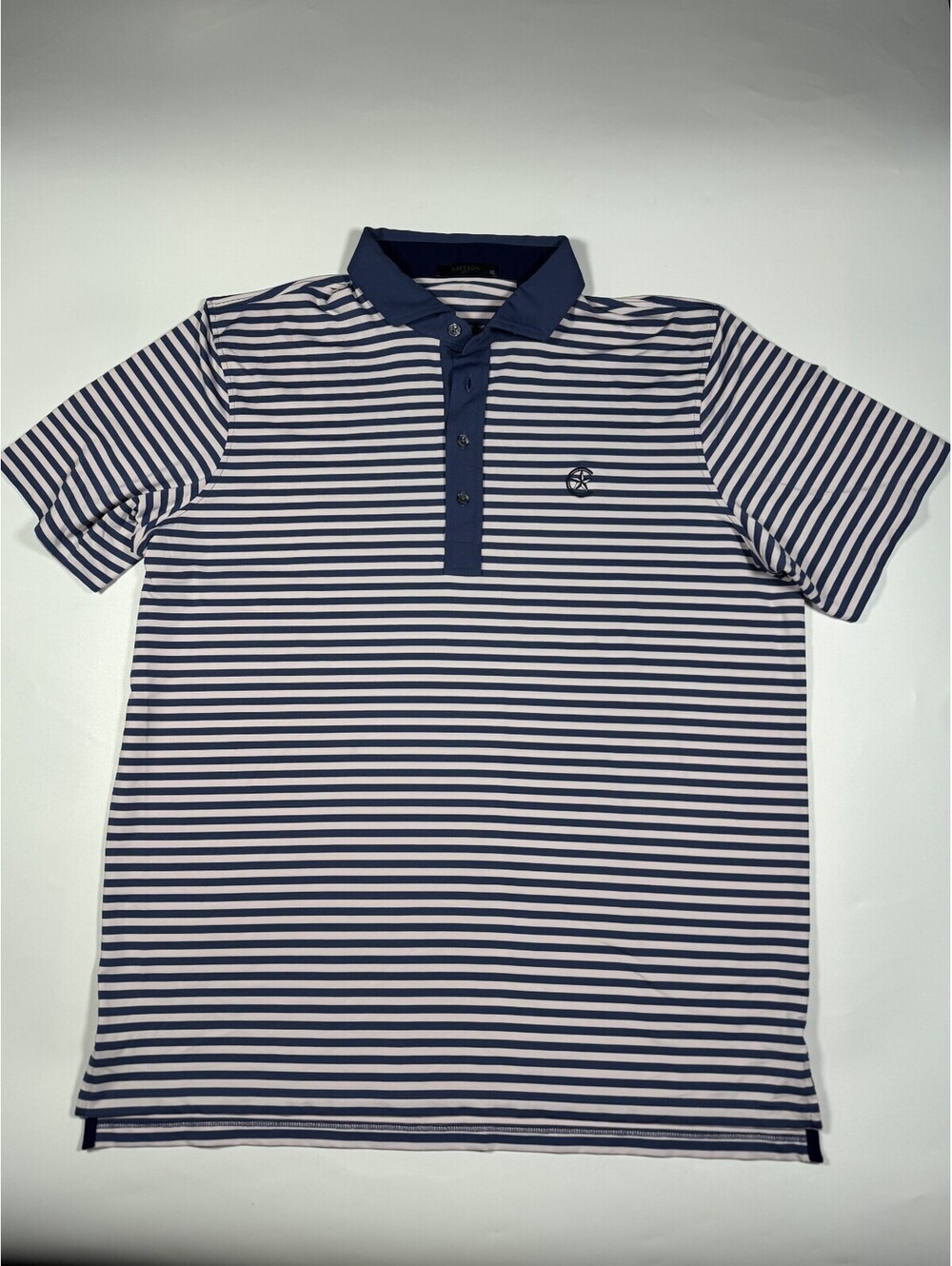 Greyson Golf Polo Shirt Mens XL Navy Pink Striped Club Logo Wolf Performance